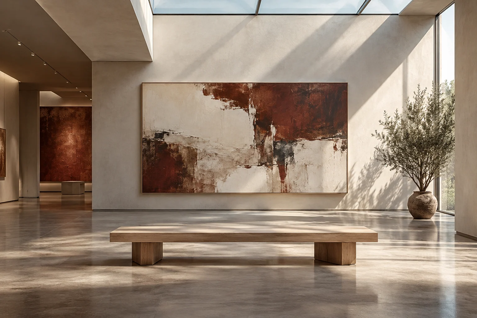 AI-created editorial illustration: A quiet contemporary art gallery with one large abstract canvas, pale oak bench and tall soft skylight.