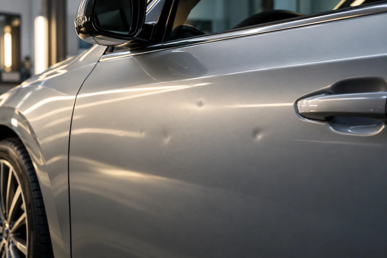 AI-created editorial illustration: A silver car door with a few subtle shallow hail dents, photographed as a premium automotive editorial detail in an immaculate workshop, soft raking light revealing the surface.