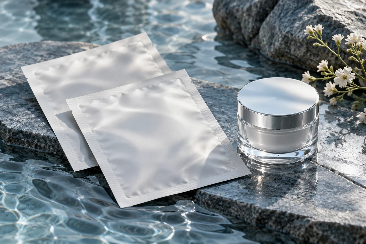 AI-created editorial illustration: Unbranded cosmetic sheet-mask sachets and a closed clear skincare jar on a cool blue-grey stone surface, subtle rippled water reflection, clean Korean skincare editorial still life.